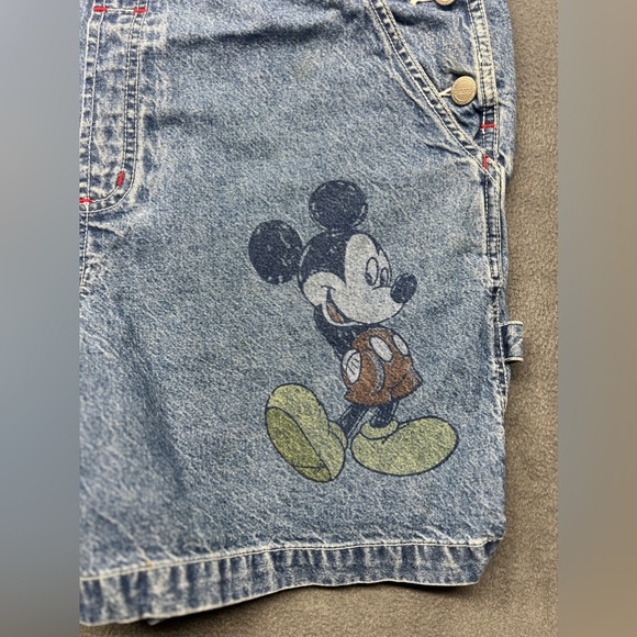 Mickey Mouse Denim Overall Bib Shorts Sz L USA Theme Blue Big Mickey Graphic - Picture 6 of 16